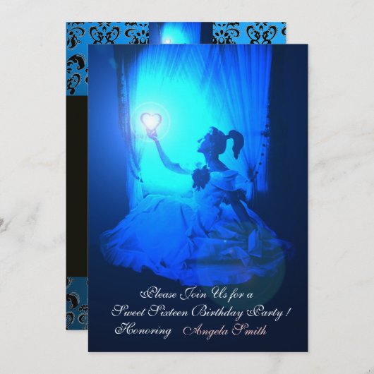 甘い16パーティー，サファイアブルー，ブラックダマスク 招待状 (正面/裏面)