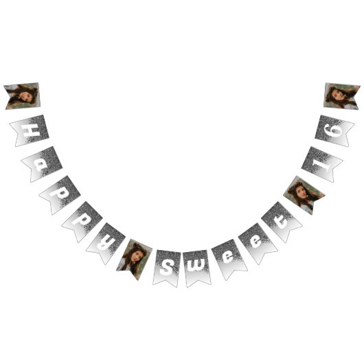 甘い16パーティー、シックなブラックグリッター&4枚の写真 バンティングフラッグ (全)