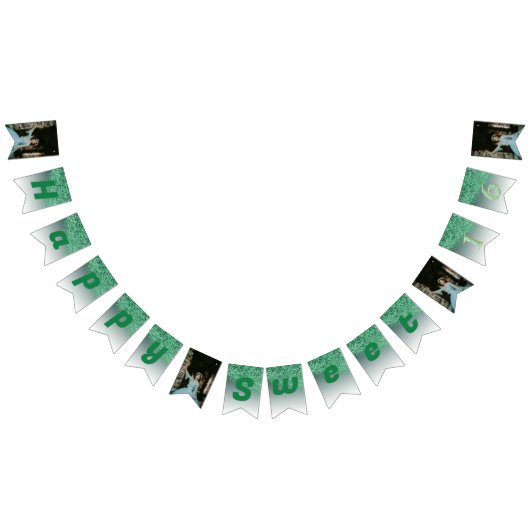 甘い16パーティー、落下グリーングリッターと4枚の写真 バンティングフラッグ (全)