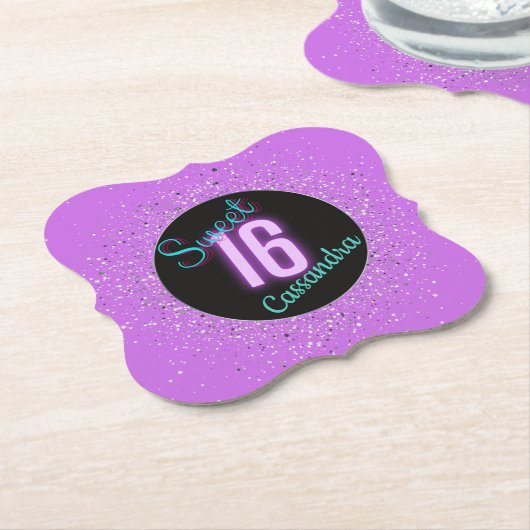 甘い16パープルシルバーブリリアンスパーソナライズされた ペーパーコースター (アングル)