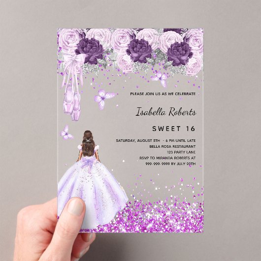 甘い16パープルバレリナドレス花模様 澄ん アクリル招待状 (インサイチュ (ポータブル))