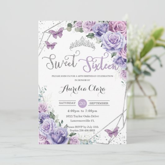 甘い16パープルフローラ16番目の誕生日蝶 招待状 (スタンド正面)