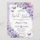 甘い16パープルフローラ16番目の誕生日蝶 招待状 (正面/裏面)