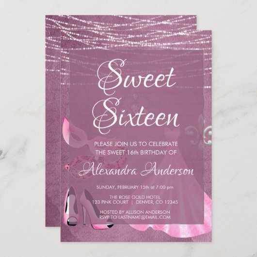 甘い16パープルマスカレード誕生日パーティー 招待状 (正面/裏面)