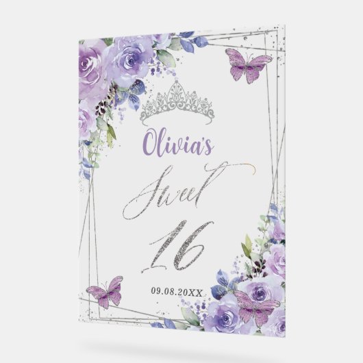 甘い16パープルライラックフローラルシルバーウェルカム アクリルサイン (傾斜)