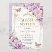 甘い16パープル薄紫ピンクフローラ蝶 招待状 (正面/裏面)