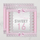 甘い16ピンクかわいらしホワイトパールレースボウ 招待状 (正面/裏面)