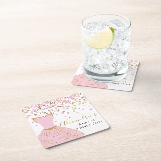 甘い16ピンクとゴールドフォイルドレス スクエアペーパーコースター (インサイチュ)