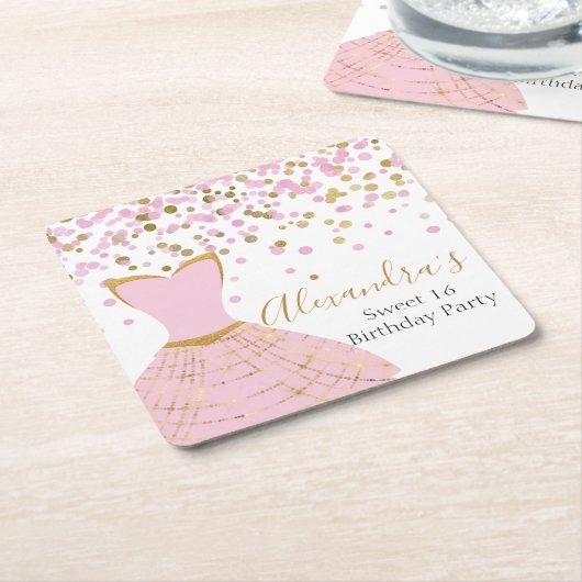 甘い16ピンクとゴールドフォイルドレス スクエアペーパーコースター (アングル)