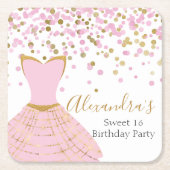 甘い16ピンクとゴールドフォイルドレス スクエアペーパーコースター (正面)