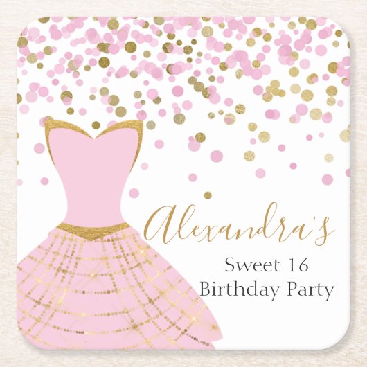 甘い16ピンクとゴールドフォイルドレス スクエアペーパーコースター (正面)