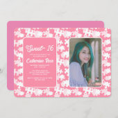 甘い16ピンクと白のパズル写真 招待状 (正面/裏面)