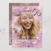 甘い16ピンクと紫のグリッター写真パーティー 招待状 (正面/裏面)