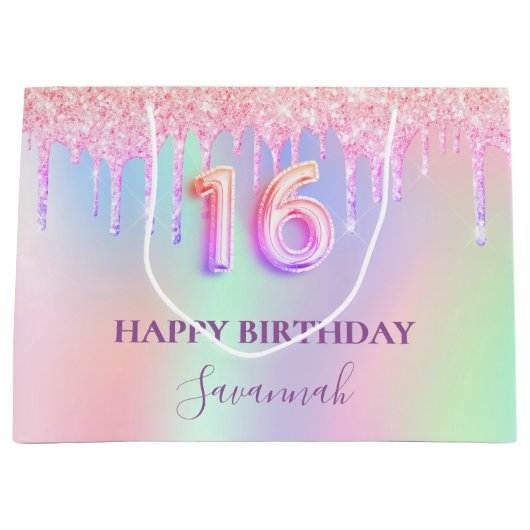 甘い16ピンクのグリッターはホログラフィック名を乾燥させる ラージペーパーバッグ (正面)