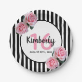 甘い16ピンクのフローラブラックストライプ ペーパープレート (正面)