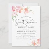甘い16ピンクのフローラ水の色の誕生日パーティー 招待状 (正面)