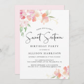 甘い16ピンクのフローラ水の色の誕生日パーティー 招待状 (正面/裏面)