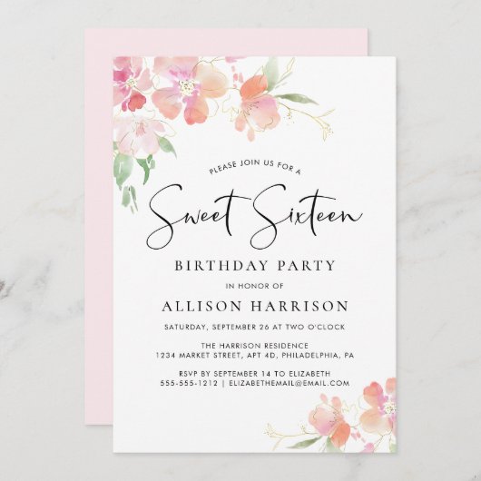 甘い16ピンクのフローラ水の色の誕生日パーティー 招待状 (正面/裏面)
