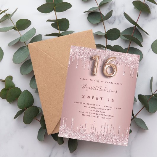 甘い16ピンクの埃っぽいバラグリッター16歳の誕生日 インビテーションポストカード