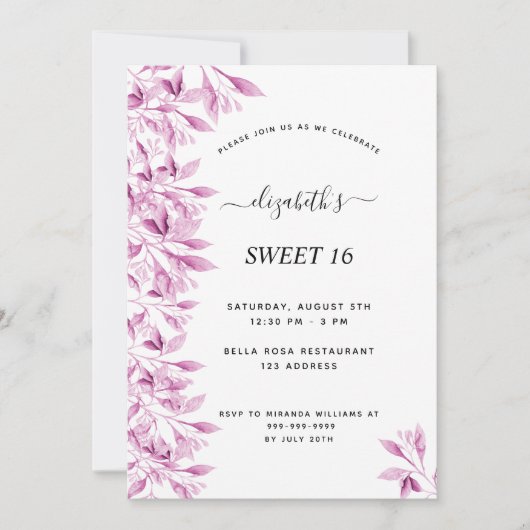 甘い16ピンクの白いエレガント花 招待状 (正面)