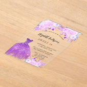 甘い16ピンクの紫色の花のドレス澄ん アクリル招待状 (レイダウン)
