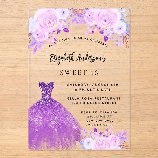 甘い16ピンクの紫色の花のドレス澄ん アクリル招待状 (正面)
