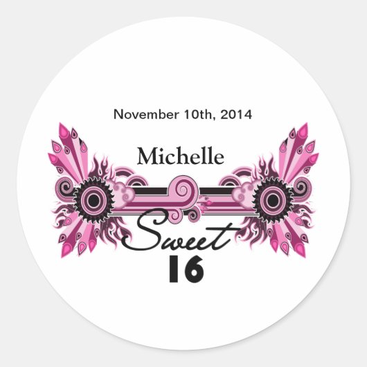 甘い16ピンクの黒いスクロール&スワール名日付 ラウンドシール (正面)