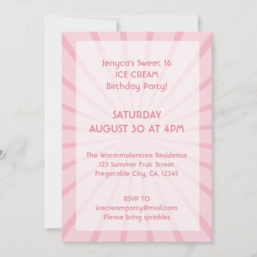 甘い16ピンクアイスクリーム誕生日パーティー 招待状 (裏面)