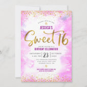 甘い16ピンクウォーターカラー金ゴールドガーリーグラム誕生日 招待状 (正面)