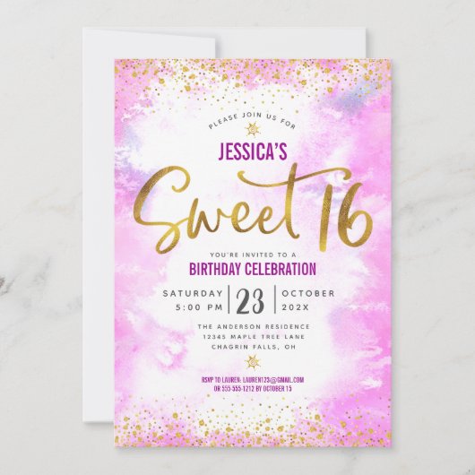 甘い16ピンクウォーターカラー金ゴールドガーリーグラム誕生日 招待状 (正面)