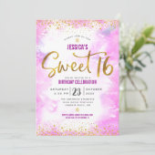 甘い16ピンクウォーターカラー金ゴールドガーリーグラム誕生日 招待状 (スタンド正面)