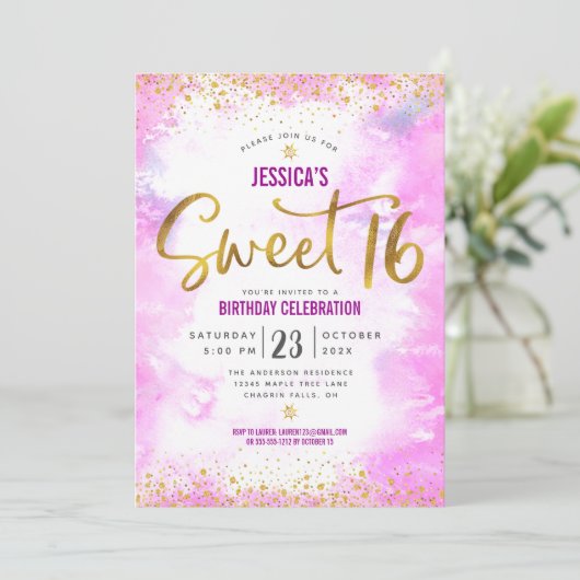 甘い16ピンクウォーターカラー金ゴールドガーリーグラム誕生日 招待状 (スタンド正面)