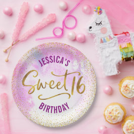 甘い16ピンクウォーターカラー金ゴールドグラムガーリー誕生日 ペーパープレート