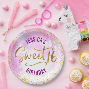 甘い16ピンクウォーターカラー金ゴールドグラムガーリー誕生日 ペーパープレート