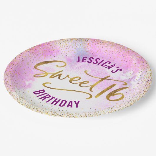 甘い16ピンクウォーターカラー金ゴールドグラムガーリー誕生日 ペーパープレート (アングル)
