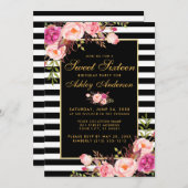甘い16ピンクストライプののフローラ金ゴールド 招待状 (正面/裏面)