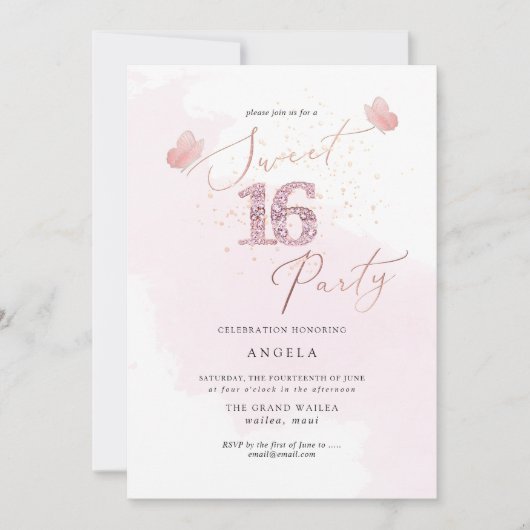 甘い16ピンクダイヤモンド蝶の水の色の活性化 招待状 (正面)