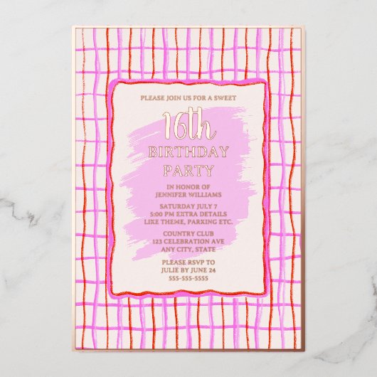 甘い16ピンクハンドドロー誕生日フォイル招待状 箔招待状 (正面)