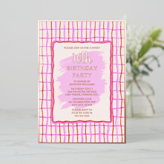 甘い16ピンクハンドドロー誕生日フォイル招待状 箔招待状 (立ち正面)