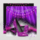 甘い16ピンクパープルスターズハイヒールパーティー 招待状 (正面/裏面)