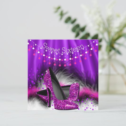 甘い16ピンクパープルスターズハイヒールパーティー 招待状 (スタンド正面)