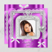 甘い16ピンクパープルレース真珠の写真 招待状 (正面/裏面)