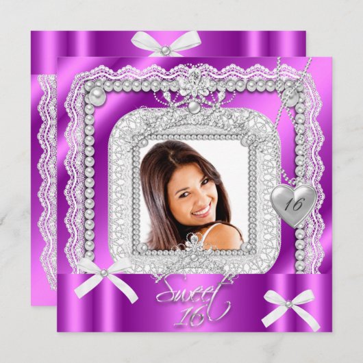 甘い16ピンクパープルレース真珠の写真 招待状 (正面/裏面)