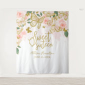 甘い16ピンク蝶フローラ背景 タペストリー (正面)