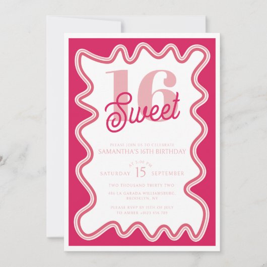 甘い16ピンク鮮やかレトロ波形16分の1 招待状 (正面)