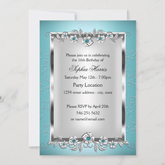 甘い16フォトブルーシルバーダイヤモンドジュエルパーティー 招待状 (裏面)