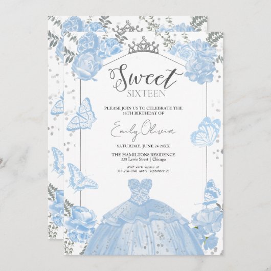 甘い16フォト招待状ダスティブルーバタフライ 招待状 (正面/裏面)