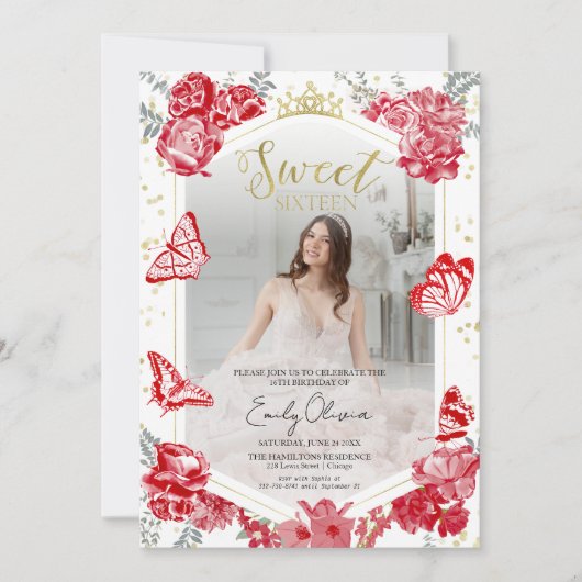 甘い16フォト招待状バタフライレッドフローラ 招待状 (正面)