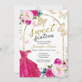 甘い16フローラドレスバタフライホットピンク金ゴールド 招待状 (正面)