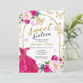 甘い16フローラドレスバタフライホットピンク金ゴールド 招待状 (スタンド正面)